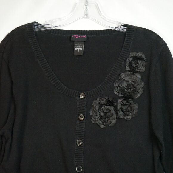 Torrid Womens Size 1 Black Cardigan w Flower Decor Button Up Sweater - Picture 2 of 12